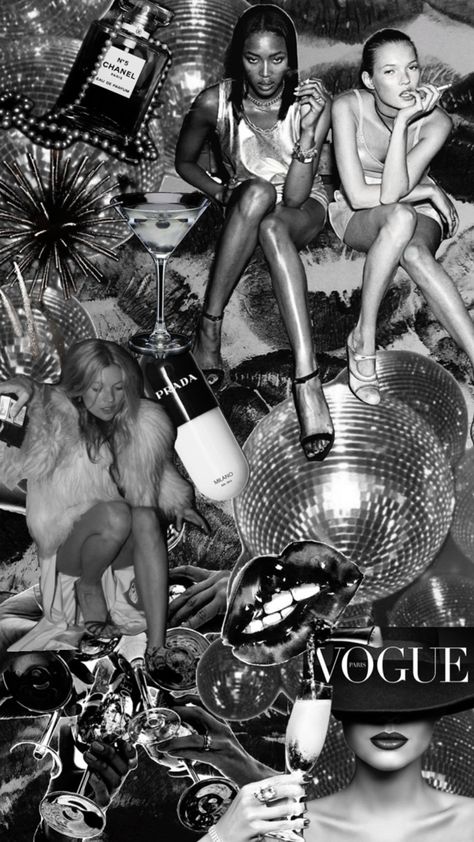 Kate moss, party girl, collage, vogue, fashion, style, alcohol, disco ball, kisses, Chanel Party Collage Aesthetic, Black Disco Aesthetic, Vogue Themed Party, Kate Moss Party, Black And White Aesthetic Collage, White Aesthetic Collage, Vogue Collage, Silent Disco Party Aesthetic, Kate Moss Vogue