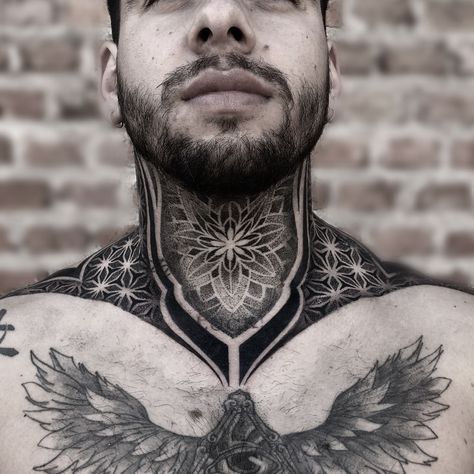 Mens Full Neck Tattoo, Collar Tattoo Men, Full Throat Tattoo Men, Geometric Neck Tattoo, Geometric Throat Tattoo, Mandala Tattoo Neck, Big Cover Up Tattoos, Throat Tattoos, Collar Tattoo