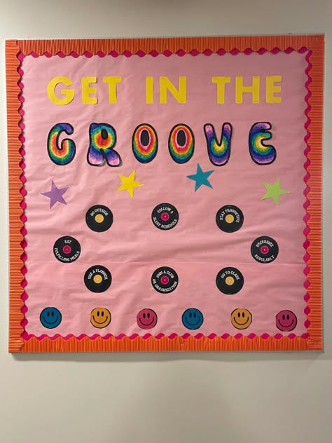 70s Bulletin Board, Groovy Classroom Theme Ideas, Disco Ball Bulletin Board Ideas, Groovy Door Decorations, 70s Bulletin Board Ideas, Welcome Bulletin Boards College, College Floor Themes, Floor Themes Residence Hall, Ra Dorm Hall Themes