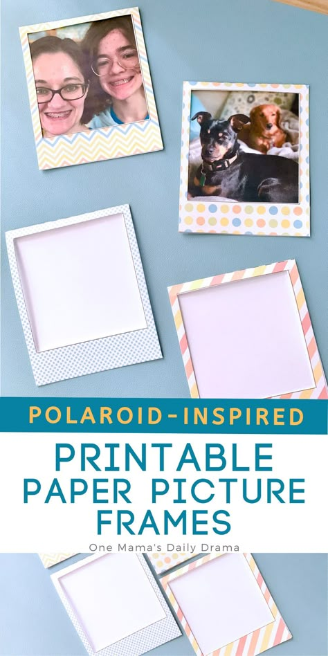 Turn any photo into art for decor and scrapbooks with a cute printable paper picture frame shaped like classic Polaroids. Colorful picture frames + templates to use with any paper. Download now at One Mama's Daily Drama. Scrapbook Photo Frame, Photo Frame Printable, Photo Frame Paper Craft, Paper Frame Template, Printable Picture Frames, Paper Frames For Pictures, Picture Frame Templates Free Printable, Make Your Own Frame, Paper Photo Frame