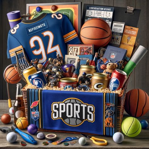 For the sports fanatic in your life, a sports-themed basket can be a slam dunk. Tailor the basket to their favorite sport or team with items like jerseys, tickets to a game, sports memorabilia, and themed snacks. For a more active approach, include items they can use, such as golf balls, a basketball, or a yoga mat, depending on their sports interest. Sports Baskets Gift Ideas, Sports Gift Basket Ideas, Sports Gift Basket, Creative Gift Basket Ideas, Summer Gift Baskets, Gift Card Displays, Themed Snacks, Perfect Gift Basket, Creative Gift Baskets