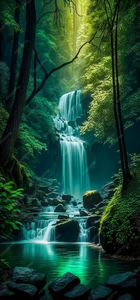 Premium Photo | An image of waterfall in the woods Generative AI Photos Of Waterfalls, Forest Waterfall Tattoo, Fantasy Waterfall Forest, Jungle Waterfall Tattoo, Tropical Rainforest Waterfall, Rain Forest Painting, Jungle Art Tropical, Rainforest Drawing, Rainforest Tattoo