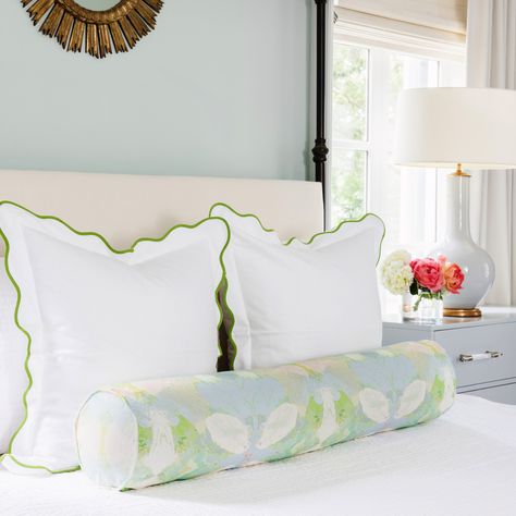 New items just added to the Laura Park Sale! 💕 Shop now and save up to 70% on your favorites. Don’t miss out—limited stock available! Green Lumbar Pillow Bed, Monogram Above Bed Master, Pillows On Full Size Bed, Round Bolster Pillow, Colorful Guest Room, Queen Bed Pillow Arrangement, King Bed Pillow Arrangement, Grand Millennial Bedroom, Preppy Bedding