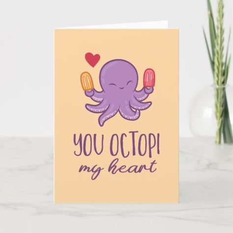 $3.97 | You Octopi My Heart Octopus Funny Valentine's Day #best friend buddies bff, school kids classroom valentine, wedding anniversary, husband wife boyfriend girlfriend, personalized birthday card, hilarious punny humor humorous, sweet valentine's day, you octopi my heart, funny animal octopus pun joke, cute kawaii octopus Pun Greeting Cards, Punny Cards For Boyfriend, Pun Cards For Boyfriend, Cute Love Puns, Corny Love Jokes, Romantic Puns, Diy Cards Get Well, Cheesy Valentines Cards, Octopus Funny