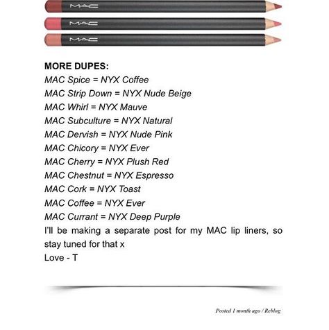 Handy key for MAC lipliner dupes!                                                                                                                                                     More Mac Lipliner, Mac Brave, Nyx Lip Liner, Mac Lip Liner, Nyx Lip, Best Mac, Mac Lips, Mac Makeup, Makeup Obsession