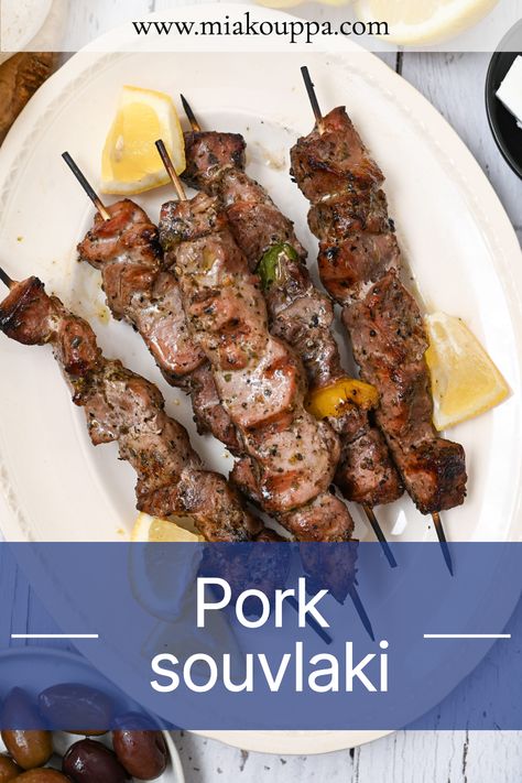 Dive into the world of Greek cuisine with our amazing pork souvlaki recipe! With step-by-step instructions, we'll guide you to creating the most tender, juicy, and mouthwatering souvlaki your tastebuds have ever experienced. Get ready to impress your guests and elevate your summer BBQ game! Greek Pork Tenderloin, Pork Souvlaki, Greek Pork, Greek Marinated Chicken, Souvlaki Recipe, Greek Recipes Authentic, Greek Olives, Greek Cooking, Lemon Sauce