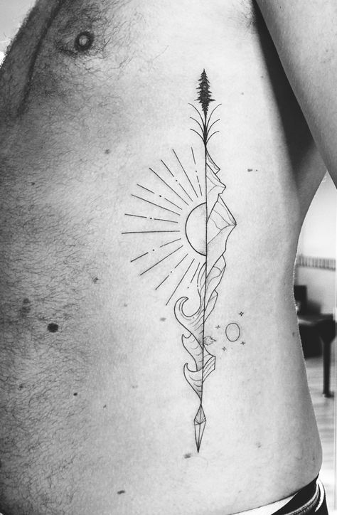 Tattoo With Sun, Fine Line Art Tattoo, Vertical Tattoo, Pnw Tattoo, Balance Tattoo, Line Art Tattoo, Earthy Tattoos, Fine Line Art, Traditional Tattoo Designs