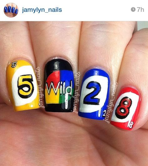 UNO nails Board Game Nail Art, Uno Nails, Nostalgia Nails, Silly Nails, Fingernail Art, Fab Nails, Crazy Nail Art, Uno Cards, Fake Nails Designs