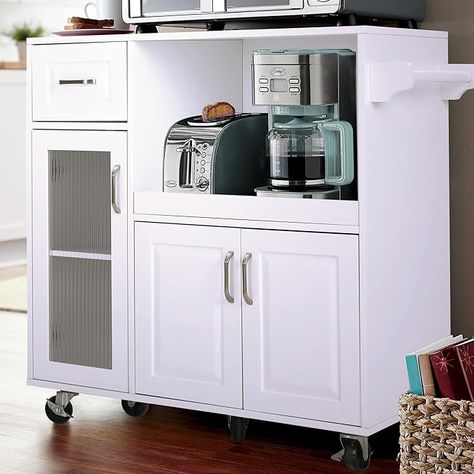 PHI VILLA Kitchen Cart with Locking Wheels Microwave Cart with Storage Cabinet Movable Kitchen Island Cart with Extendable Shelves Towel Rack and Drawers Kitchen Island With Microwave, Island With Microwave, Textured Glass Door, Kitchen Utility Cart, Functional Kitchen Island, Microwave Cart, Portable Kitchen Island, Kitchen Island Trolley, Microwave Shelf