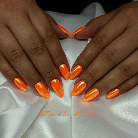 Bright Orange Chrome Nails, Metallic Orange Nails, Neon Orange Chrome Nails, Orange Metallic Nails, Orange Chrome Acrylic Nails, Orange Nails With Chrome, Chrome Nails Orange, Orange Chrome Nails Designs, Chrome Orange Nails