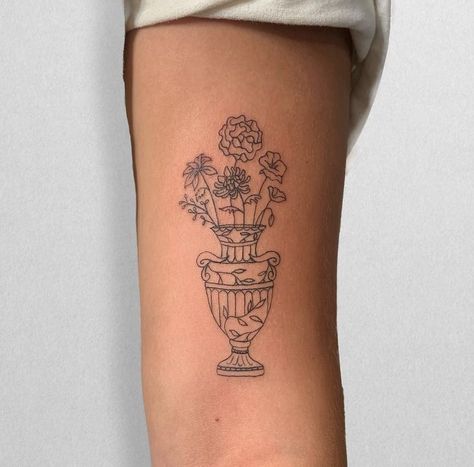 Unique Tattoos Fine Line, Athens Greece Tattoo Ideas, Tulip In A Vase Tattoo, Vase Of Roses Tattoo, Italian Vase Tattoo, Flower And Vase Tattoo, Jars Of Clay Tattoo, Jar With Flowers Tattoo, Flower Vase Tattoo Design