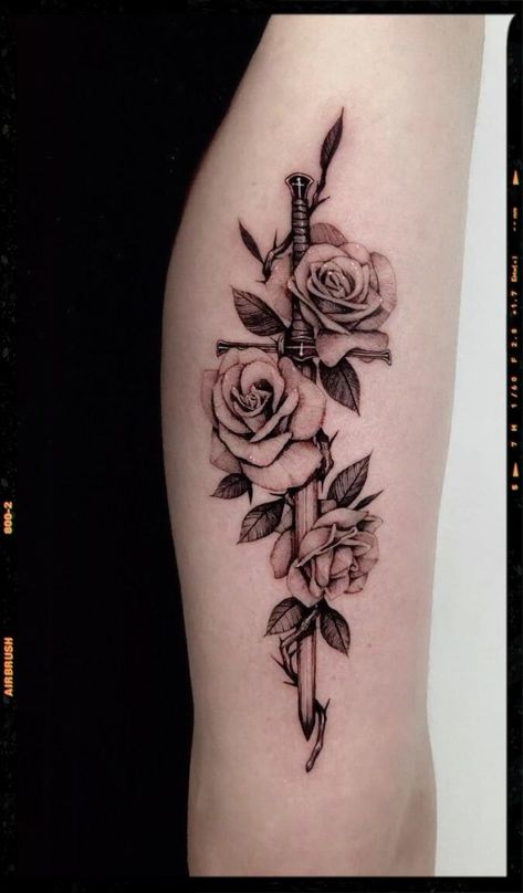 Swords And Roses Tattoo, Arm Tattoo Swords, Complex Tattoos Design, Dager Tattoos With Rose, Spine Tattoo Rose Vine, Rose With Swords Tattoo, Dagger Spine Tattoos For Women, Ephesians Tattoo, Knife With Rose Tattoo