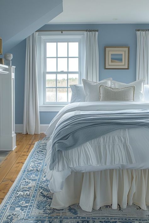 Periwinkle Bedroom, Uncluttered Bedroom, Pale Blue Bedrooms, Baby Blue Bedrooms, Blue And Cream Bedroom, Bedroom Feature Wall, Light Blue Bedroom, Blue Bedroom Ideas, Blue Bedroom Walls