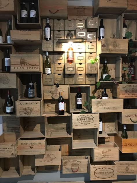 Crate Wall Display, Wine Shop Interior Design, Wine Box Wall Decor, Wine Boxes Ideas Projects, Wine Crate Wall, Wine Box Shelves, Wine Crates Ideas Decor Wooden Boxes, Wine Box Crafts, Wooden Wine Crate Storage