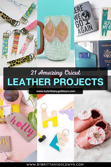 21 amazing Cricut leather projects (& faux leather projects!) Cricket Leather Projects, Leather Coozie Diy, Faux Leather Crafts Free Pattern, Leather Sheets Craft Ideas, Cricut Leather Projects Ideas, No Sew Leather Projects, Faux Leather Ideas, Leather Cricut Projects, Leather Scraps Ideas