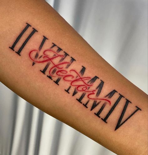 Name Tattoos Of Boyfriend, Long Love Tattoo, Matching Bicep Tattoos, Roman Numeral Name Tattoo, Birthyear Tattoo Ideas Men, Where To Put Name Tattoos, Red Ink Letter Tattoo, Roman Numeral Tattoo On Forearm, Forearm Tattoo Women Names