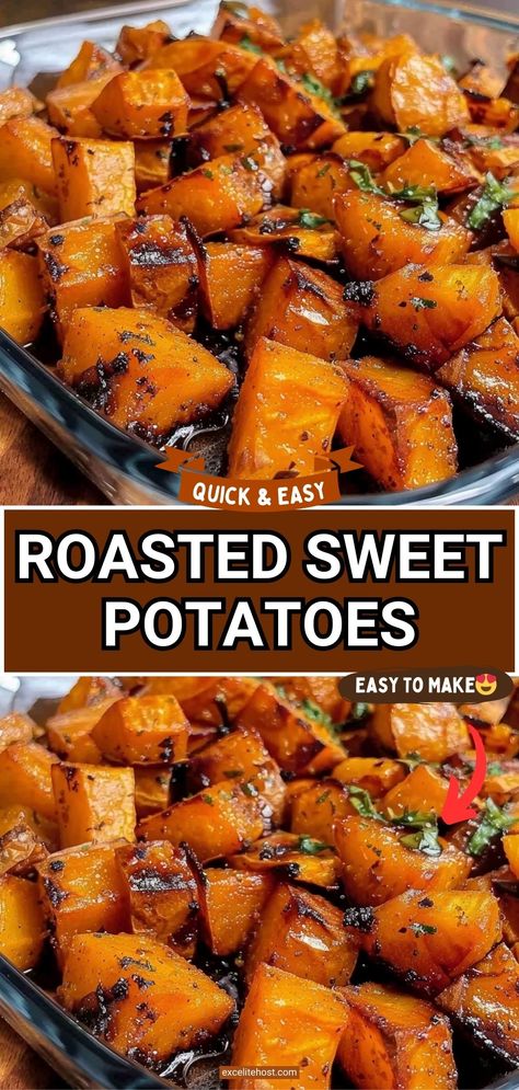 Ingredients: 4 medium sweet potatoes, peeled and cut into 1-inch cubes 2 tablespoons olive oil 1 teaspoon salt 1/2 teaspoon black pepper 1 teaspoon garlic Roasted Sweet Potato Cubes, Sweet Potato Oven, Sweet Potato Recipes Roasted, Sweet Potato Sides, Oven Roasted Sweet Potatoes, Sweet Potato Recipes Healthy, Sweet Potato Recipes Baked, Cubed Sweet Potatoes, Stuffed Sweet Potato Healthy