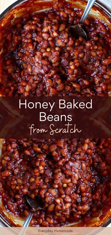 Try one of the best cookout sides with these Homestyle Honey Baked Beans from Scratch! Made with love, bacon, and a touch of honey, this easy oven recipe is perfect for Memorial Day or Mother’s Day cookouts. Honey Baked Beans, Braised Beans Recipe, Candied Baked Beans, Diy Baked Beans From Scratch, Sweet Baked Beans Recipe, Baked Beans Recipe From Canned Beans, Bbq Baked Beans From Scratch, Baked Beans Recipe Homemade, Home Made Baked Beans Recipe