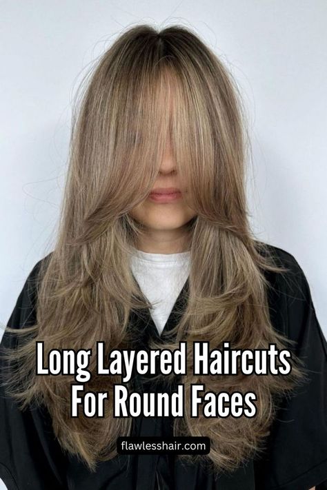 Butterfly Haircut With Curtain Bangs And Babylights Angled Layers Long Hair, Layer Haircut Straight Hair, Long Hair With Round Face, Balayage Hair For Round Face, Haircuts To Slim Round Face, Straight Hairstyles Layers, Long Layers Straight Hair Face Framing, Face Framing Layers Long Hair Round Face, Chin Layers