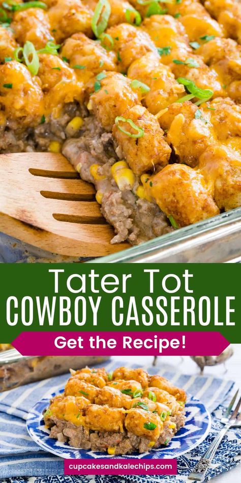 Make dinner simple and delicious with this Easy One-Pan Tater Tot Cowboy Casserole! Packed with ground beef, savory mushrooms, and a creamy sauce, this gluten-free casserole is topped with crispy tater tots and plenty of cheddar cheese. Ready in under an hour, it’s a family favorite comfort food! Cowboy Casserole Recipe, Gluten Free Comfort Food, Tater Tot Recipes, Cowboy Casserole, Dairy Free Recipes Dinner, Easy Summer Dinners, Tot Casserole, Tater Tot Casserole, Appetizers Easy Finger Food