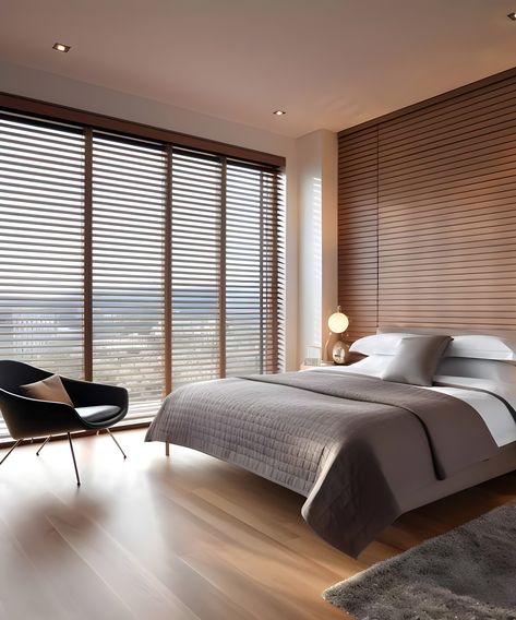 Wood slat wall and wood Venetian blinds, adding cohesion and warmth to the decor in this modern penthouse apartment. Wooden Venetian Blinds Bedroom, Kitchen Blinds Ideas, Blinds Bedroom, Wood Venetian Blinds, Wooden Venetian Blinds, Blinds Ideas, Wood Slat Wall, Fitted Blinds, Kitchen Blinds