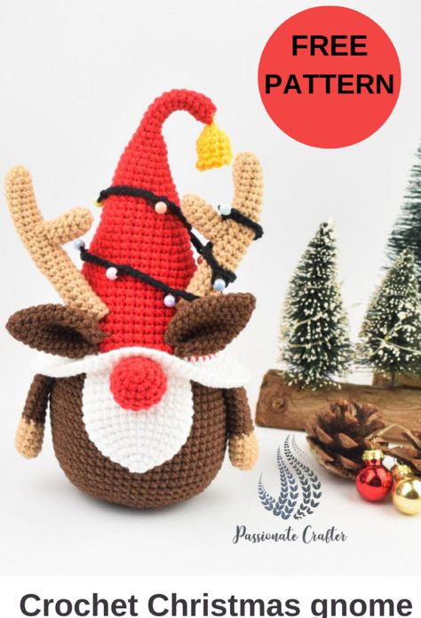 Crochet Reindeer Gnome for Christmas (Free Pattern) Crochet Gnomes Pattern Free, Reindeer Gnome, Crochet Reindeer, Gnome For Christmas, Lidia Crochet Tricot, Crocheted Christmas, Gnome Pattern, Crochet Snowman, Crochet Santa