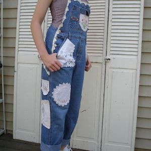 Upcycled Denim Overalls, Patch Overalls Punk, Upcycling Overalls, Rhinestone Overalls, Overalls With Patches, Upcycle Overalls, Embellished Overalls, Upcycle Linen, Embroidery Overalls