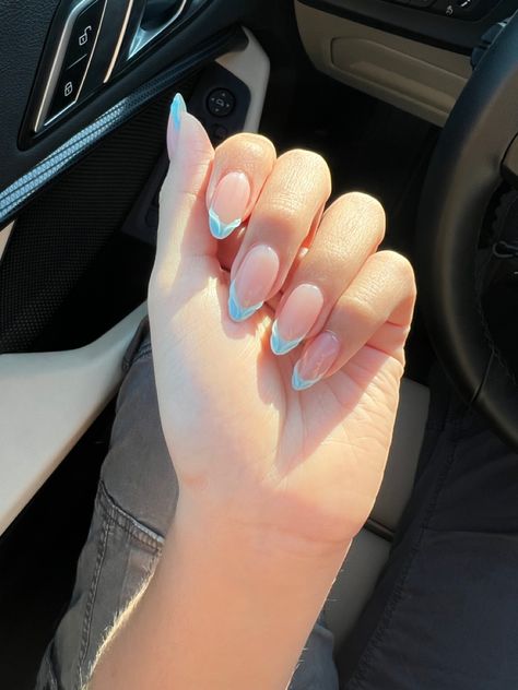 3D gel-x nails with wave inspired design #nails #nailinspo #naildesigns #almondnails #apresgelx Nails Blue French Tip, Nails Blue French, Wavy Nails, Egyptian Nails, Blue French Tip Nails, Blue French Tip, Wave Nails, Blue French Tips, Nails 3d