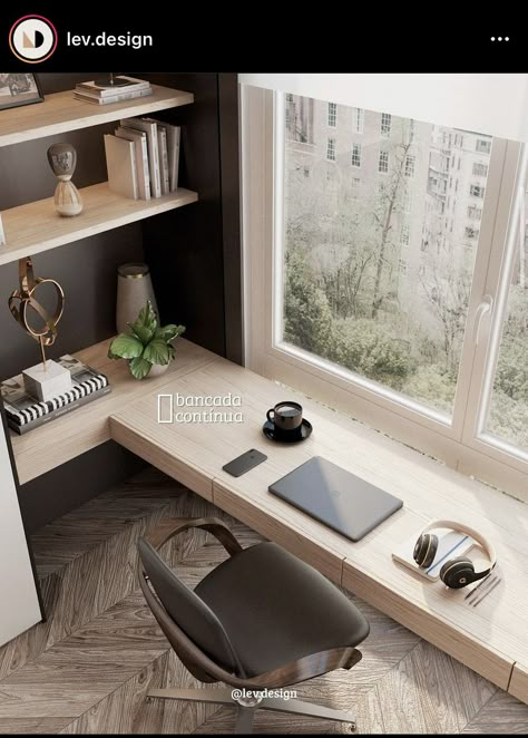 Desk In Front Of Low Window, Home Office Window Desk, Modern Nordic Bedroom, Modern Home Offices, Small Room Design Bedroom, Study Room Design, Small Home Offices, Kids Interior Room, Home Office Bedroom