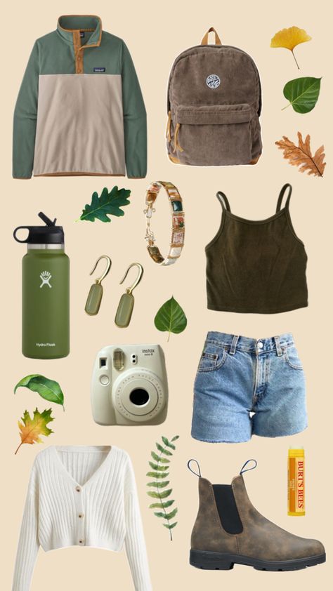 Granola girl aesthetic outfit inspiration, green and tan Patagonia synchilla, brown back pack, leafs, green tank top, jean shorts, blundstone boots, white cardigan, gold camera, green hydro flask, jem jewelry, Burt’s bees chapstick, spring outfits, aesthetic outfit Granola Fashion Outfits, Cute Granola Outfits, Granola Outfits Summer, Granola Girl Summer Outfits, Granola Girl Aesthetic Outfits, Goblincore Aesthetic Outfits, Granola Girl Outfits, Granola Outfits, Outfits Fall Aesthetic