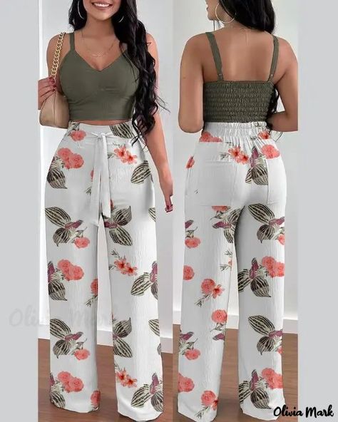 Olivia Mark - Womens Shirred Crop Top and Floral-Print High Waisted Pants Set Shirred Crop Top, Plants Print, Grayish Green, 2000s Clothes, Solid Color Sweater, Backless Crop Top, Crop Top Casual, Top Streetwear, Top Pants Set