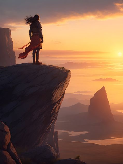 A person stands confidently on a cliff's edge, enjoying a victorious and breathtaking view. Standing At The Edge Of A Cliff, Looking Over A Cliff, Cliff Illustration Drawing, Standing On A Cliff Drawing, Falling Off A Cliff Drawing, Falling Off A Cliff Aesthetic, Cliff Concept Art, Cliff Drawing Reference, Person Standing On Cliff