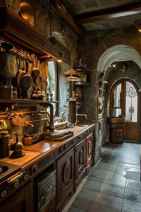 Steampunk and French Country Pantries Steampunk Dining Room, Design Concept Interior, Dystopian Steampunk, Country Pantry, Steampunk Interior Design, Tavern Decor, Steampunk Kitchen, Punk House, Kitchen Pantries