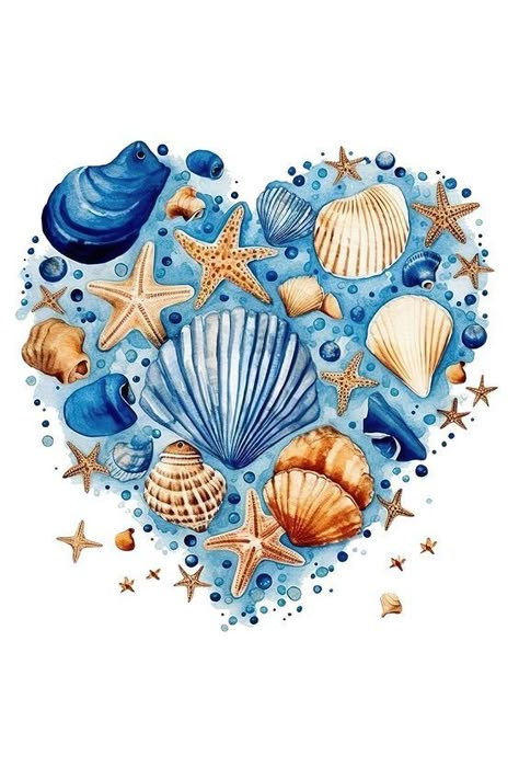 Seashell Illustration, Ocean Art Painting, Nautical Wallpaper, Seaside Art, Seashell Print, Ocean Heart, Sea Life Art, Etsy Stickers, Diy Watercolor Painting