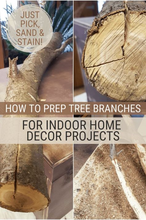 Learn how to treat tree branches for indoor use, specifically how to clean, treat, and finish the branches for decoration and crafts. How To Dry Out Tree Branches, How To Treat Wood For Indoor Use, Diy Cabin Wall Decor, Diy Rustic Wood Decor, How To Clean Driftwood Diy, Log Crafts Projects, Log Crafts Diy, Twig Art Diy Tree Branches, Branches For Decor