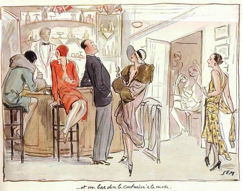 Cartoon "...et un bar chez le couturier a la mode" from L illustration, Dec 1929. Georges Goursat, aka SEM, (1863-1934) was born in France. Courtesy of janwillemsen on Flickr [Attribution/ NonCommercial/ ShareAlike] French Cartoon, French Artwork, Physical Traits, Interior Design Courses Online, French Cartoons, Art Deco Illustrations, Study Art, Art Deco Bar, What Is An Artist