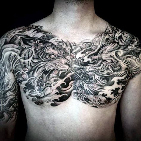 Dragon With Tiger Mens Upper Chest Tattoos Dragon Half Chest Tattoo, Chest Dragon Tattoo, Double Dragon Tattoo, Chest Tattoos Men, Dragon Chest Tattoo, Chest Tattoo Japanese, Dragon Tattoo Chest, Full Chest Tattoos, Tattoo Chest