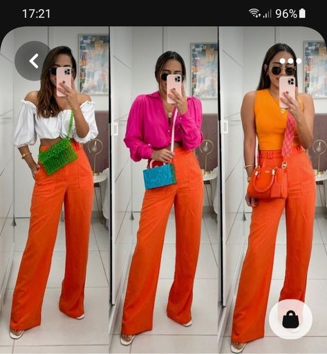 Color Combinations Orange Outfit, Color Block Orange Outfit, Orange Pant Outfits, How To Wear Orange Pants, Colour Combination With Orange, Outfit With Orange Pants, Orange Dress Pants Outfit, What To Wear With Orange Pants, Orange Slacks Outfit