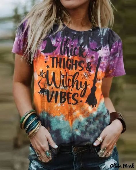 Olivia Mark - Halloween Graphic Tie Dye Letter Printed Casual T-shirt Halloween Tie Dye, Casual Halloween, Chic Halloween, Halloween Shirts, Tie Dye Shorts, Dye Shirt, Tie Dye Shirt, Tees For Women, Tie Dye T Shirts