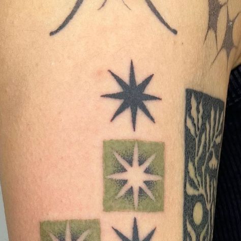 ✶ nicole ✶ on Instagram: "Green star tiles from my new flash ⭐️ bookin October 🩻 u can find the link in my bio" Dark Green Tattoo Ink, Green Star Tattoo, 5 Stars Tattoo Designs, Mismatching Tattoos, Small Tattoos Patchwork, Cool Design Tattoos, Star Swirl Tattoo, Wonky Star Tattoo, Large Stick And Poke Tattoo