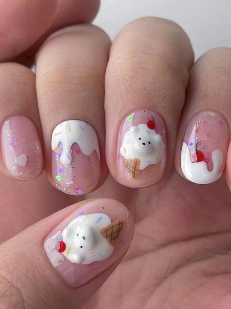 Korean Nail Designs, Best Summer Nail Designs, Korea Nail Art, Korea Nail, Ice Cream Nails, Kawaii Nail Art, Korean Nail, Beachy Nails, 3d Nail Art Designs