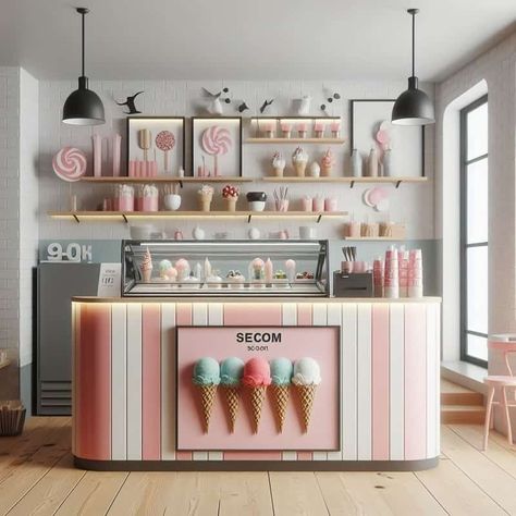 Ice Cream Bar Design, Ice Cream Store Interior, Waffle Shop Design Ideas, Small Ice Cream Shop Design, Ice Cream Store Design, Ice Cream Parlor Aesthetic, Ice Cream Parlor Interior, Ice Cream Kiosk Design, Heladerias Ideas Decoracion