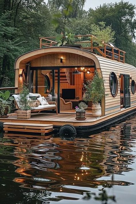 Small Houseboats, Boathouse Design, Luxury Houseboats, Tiny Boat, Houseboat Living, House Boats, Floating House, Dream House Rooms, Fantasy House