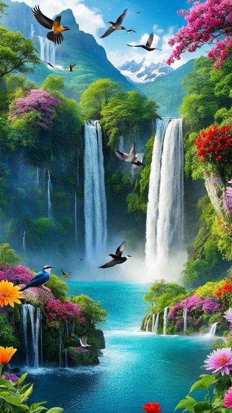 Water Falls Beautiful Waterfalls, Beautiful Waterfalls Wallpaper, Beautiful Paintings Of Nature, Pretty Nature Pictures, Waterfall Wallpaper, Waterfall Pictures, Beautiful Nature Wallpaper Hd, Garden Design Ideas, Wallpaper Nature Flowers