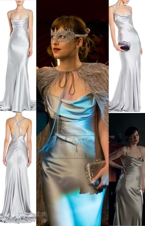 Fifty Shades Masquerade Party, Dakota Johnson Silver Dress, Anastasia Steele Wedding Dress, Anastasia Steele Masquerade, Masquerade Dress Ideas, Anastasia Steele Outfits, Masquerade Outfit Ideas, Masquerade Ball Outfits, Masquerade Outfit