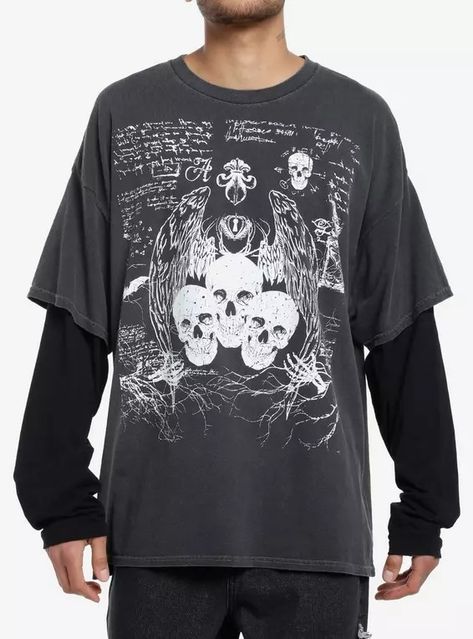 Social Collision® Skulls Sketch Oversized Long-Sleeve Twofer, Social Collision Clothes, Alternative Men’s Fashion, Emo Style Men, Skulls Sketch, Wing Sketch, Oversized Outfit Men, Goth Fashion Men, Clothes For Guys, Sketch Collage