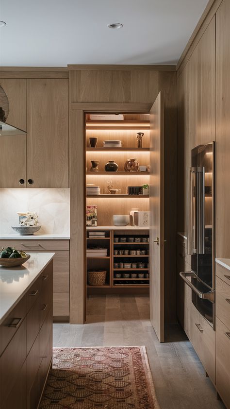 21 Hidden Pantry Ideas for Walk-In, Small Spaces, Modern Kitchen Cabinets & DIY Layouts Wall Pantry Storage, Pantry Cabinet Built In, Build In Pantry, Walking Pantry Ideas, Pantry Entry Ideas, Back Kitchen Pantry, Modern Walk In Pantry, Appliance Garage Pantry, Hidden Butlers Pantry Walk In