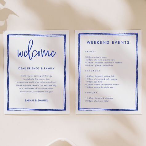 French Blue Wedding, Welcome Letter, Welcome Note, Sweet Rain, Welcome Bag, Hand Drawn Wedding, Weekend Itinerary, Welcome Letters, Blue Themed Wedding