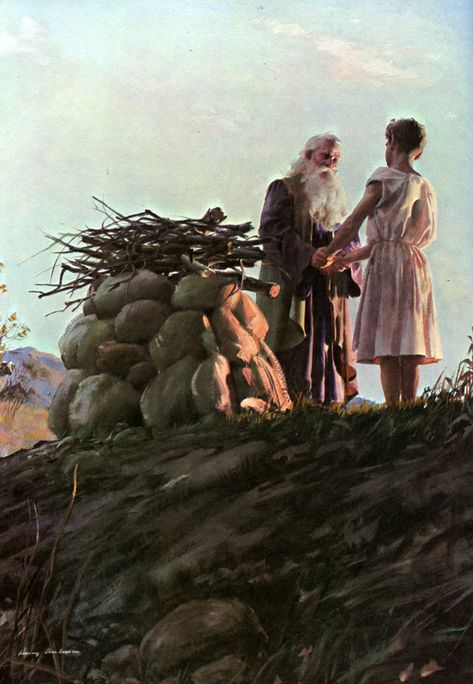 Genesis 22:7 - "And Isaac spake unto Abraham his father, and said, My father: and he said, Here am I, my son. And he said, Behold the fire and the wood: but where is the lamb for a burnt offering?" Abraham And Isaac, Biblical Scenes, Harry Anderson, Story Of Abraham, Biblical Times, Parables Of Jesus, Abraham And Sarah, Days Of Creation, Lds Art