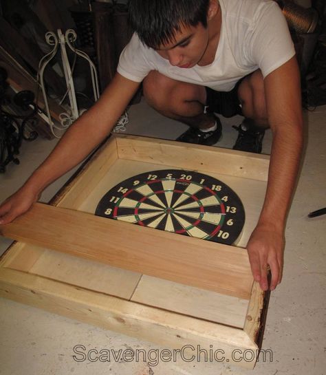 Dartboard Cabinet DIY - Scavenger Chic Dartboard Cabinet Diy, Diy Dartboard, Dartboard Cabinet, Tin Can Lanterns, Dart Board Cabinet, Cabinet Diy, 2 Sisters, Altered Tins, Man Cave Home Bar